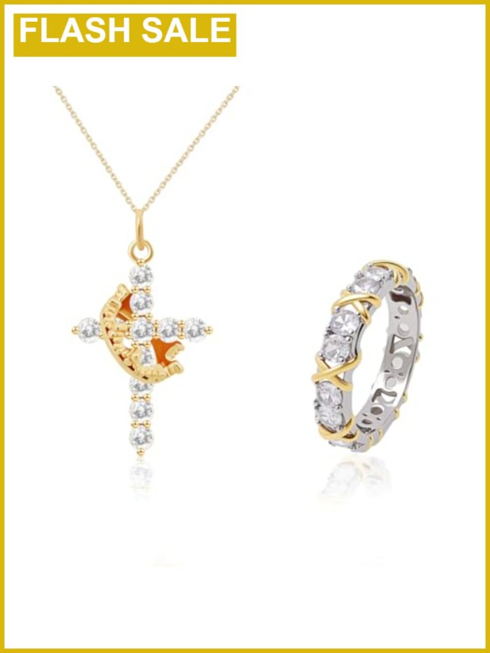 Gold Plated Stainless Steel Cross Necklace & Ring Set